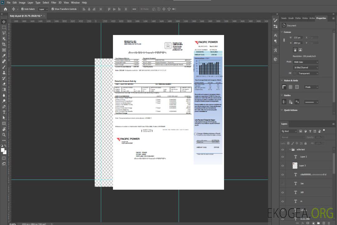 Facture commerciale du service public de Pacific Power, page 1, SCR template